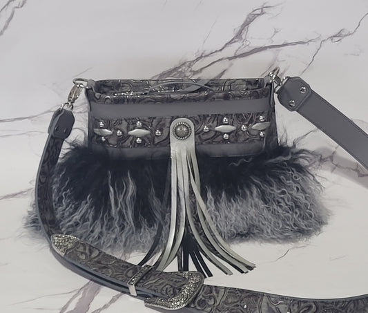 Midnight Western Belle in Italian leather and soft Mongolian lamb Black/white/silver